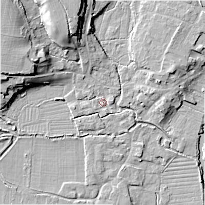 Shaded relief map of the ground around SP61JH, computed from Environment Agency LiDAR. The ground here sits at about 27 m above sea level and falls 18 m across the surrounding 800 m. Surface water reaching this point runs off ground lying to the north-north-west, 14.7 m higher.