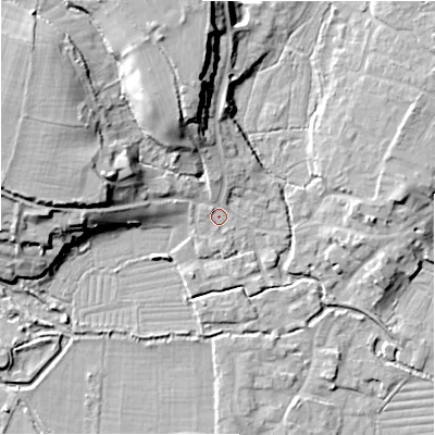 Shaded relief map of the ground around SP61JN, computed from Environment Agency LiDAR. The ground here sits at about 27 m above sea level and falls 17 m across the surrounding 800 m. Surface water reaching this point runs off ground lying to the north-north-west, 14.7 m higher.