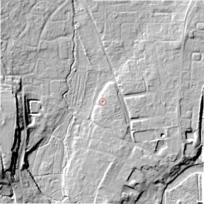 Shaded relief map of the ground around SP61JY, computed from Environment Agency LiDAR. The ground here sits at about 30 m above sea level and falls 17 m across the surrounding 800 m. Surface water reaching this point runs off ground lying to the east-south-east, 2.5 m higher.