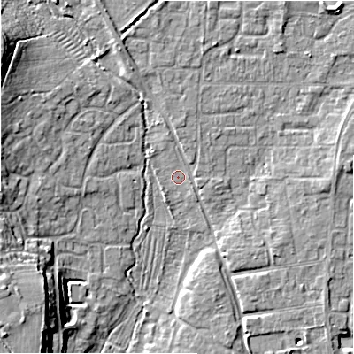 Shaded relief map of the ground around SP61LB, computed from Environment Agency LiDAR. The ground here sits at about 30 m above sea level and falls 15 m across the surrounding 800 m. Surface water reaching this point runs off ground lying to the north-west, 10.3 m higher.