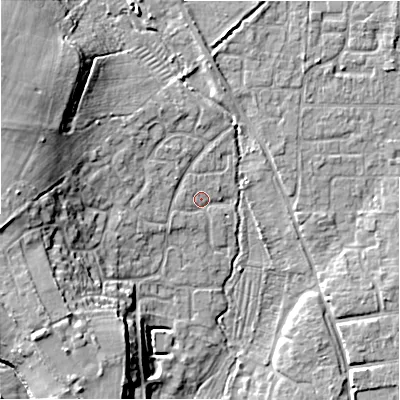 Shaded relief map of the ground around SP61LH, computed from Environment Agency LiDAR. The ground here sits at about 31 m above sea level and falls 15 m across the surrounding 800 m. Surface water reaching this point runs off ground lying to the south-west, 1.6 m higher.