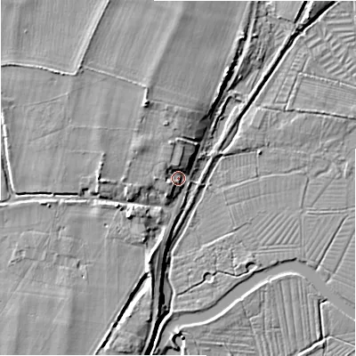 Shaded relief map of the ground around SP61LY, computed from Environment Agency LiDAR. The ground here sits at about 31 m above sea level and falls 7 m across the surrounding 800 m. Surface water reaching this point runs off ground lying to the north-west, 3.1 m higher.