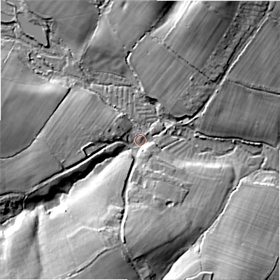 Shaded relief map of the ground around SP61PU, computed from Environment Agency LiDAR. The ground here sits at about 34 m above sea level and falls 22 m across the surrounding 800 m. Surface water reaching this point runs off ground lying to the south, 17.7 m higher.