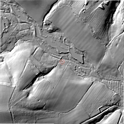 Shaded relief map of the ground around SP61PX, computed from Environment Agency LiDAR. The ground here sits at about 34 m above sea level and falls 33 m across the surrounding 800 m. Surface water reaching this point runs off ground lying to the south-west, 30.7 m higher.