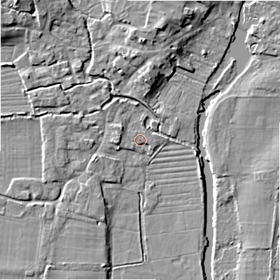 Shaded relief map of the ground around SP61RG, computed from Environment Agency LiDAR. The ground here sits at about 25 m above sea level and falls 9 m across the surrounding 800 m. Surface water reaching this point runs off ground lying to the west-north-west, 3.2 m higher.