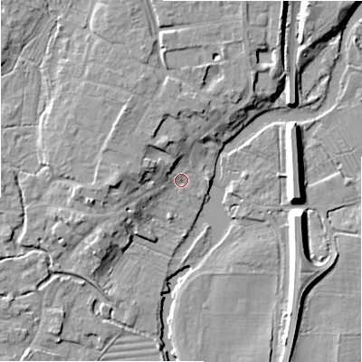 Shaded relief map of the ground around SP61RL, computed from Environment Agency LiDAR. The ground here sits at about 26 m above sea level and falls 10 m across the surrounding 800 m. Surface water reaching this point runs off ground lying to the north-west, 6.1 m higher.