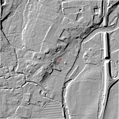 Shaded relief map of the ground around SP61RN, computed from Environment Agency LiDAR. The ground here sits at about 26 m above sea level and falls 11 m across the surrounding 800 m. Surface water reaching this point runs off ground lying to the west, 4.3 m higher.