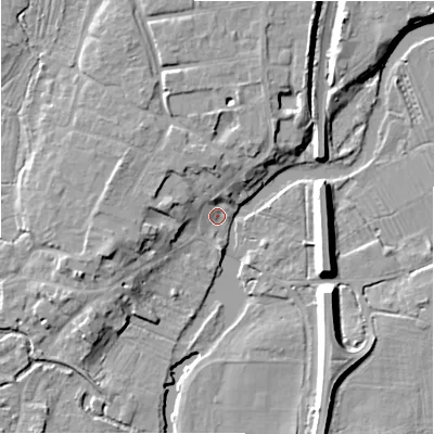 Shaded relief map of the ground around SP61RR, computed from Environment Agency LiDAR. The ground here sits at about 26 m above sea level and falls 10 m across the surrounding 800 m. Surface water reaching this point runs off ground lying to the north-north-west, 5.3 m higher.