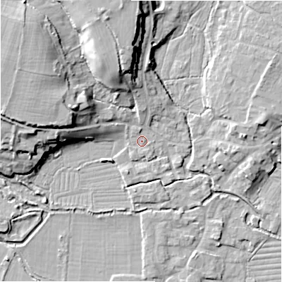 Shaded relief map of the ground around SP61RT, computed from Environment Agency LiDAR. The ground here sits at about 27 m above sea level and falls 17 m across the surrounding 800 m. Surface water reaching this point runs off ground lying to the north-north-west, 14.7 m higher.