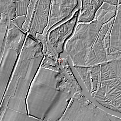 Shaded relief map of the ground around SP62AF, computed from Environment Agency LiDAR. The ground here sits at about 32 m above sea level and falls 8 m across the surrounding 800 m. Surface water reaching this point runs off ground lying to the south-west, 2.2 m higher.