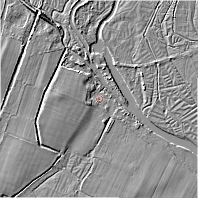 Shaded relief map of the ground around SP62AG, computed from Environment Agency LiDAR. The ground here sits at about 31 m above sea level and falls 8 m across the surrounding 800 m. Surface water reaching this point runs off ground lying to the north-west, 2.0 m higher.