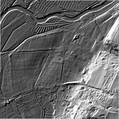 Shaded relief map of the ground around SP62AJ, computed from Environment Agency LiDAR. The ground here sits at about 33 m above sea level and falls 32 m across the surrounding 800 m. Surface water reaching this point runs off ground lying to the south-east, 1.3 m higher.