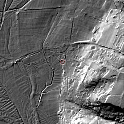 Shaded relief map of the ground around SP62AR, computed from Environment Agency LiDAR. The ground here sits at about 32 m above sea level and falls 35 m across the surrounding 800 m. Surface water reaching this point runs off ground lying to the east-south-east, 23.2 m higher.