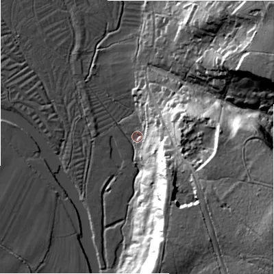 Shaded relief map of the ground around SP62AY, computed from Environment Agency LiDAR. The ground here sits at about 32 m above sea level and falls 44 m across the surrounding 800 m. Surface water reaching this point runs off ground lying to the south-east, 42.5 m higher.