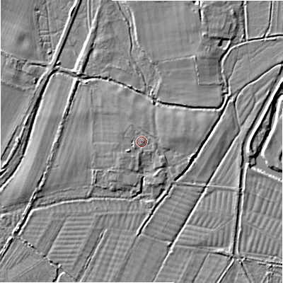 Shaded relief map of the ground around SP62DL, computed from Environment Agency LiDAR. The ground here sits at about 35 m above sea level and falls 4 m across the surrounding 800 m. Surface water reaching this point runs off ground lying to the south-west, 1.4 m higher.
