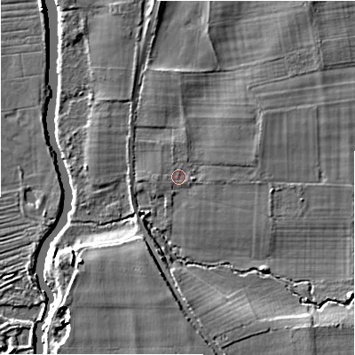 Shaded relief map of the ground around SP62ET, computed from Environment Agency LiDAR. The ground here sits at about 26 m above sea level and falls 7 m across the surrounding 800 m. Surface water reaching this point runs off ground lying to the east-north-east, 1.6 m higher.