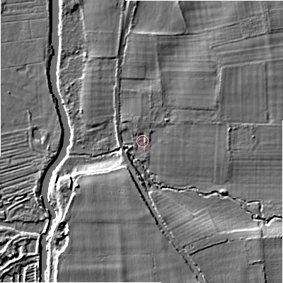 Shaded relief map of the ground around SP62EU, computed from Environment Agency LiDAR. The ground here sits at about 26 m above sea level and falls 7 m across the surrounding 800 m. Surface water reaching this point runs off ground lying to the south, 5.8 m higher.
