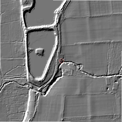 Shaded relief map of the ground around SP62EY, computed from Environment Agency LiDAR. The ground here sits at about 26 m above sea level and falls 8 m across the surrounding 800 m. Surface water reaching this point runs off ground lying to the north, 5.9 m higher.