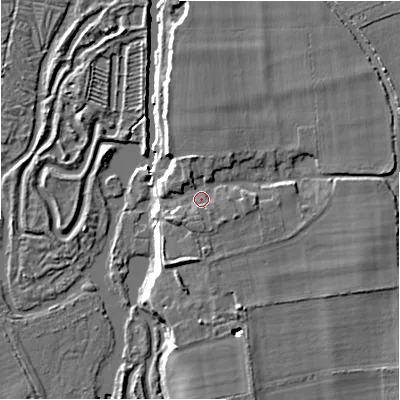 Shaded relief map of the ground around SP62HA, computed from Environment Agency LiDAR. The ground here sits at about 28 m above sea level and falls 10 m across the surrounding 800 m. Surface water reaching this point runs off ground lying to the south-south-east, 3.6 m higher.