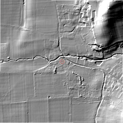 Shaded relief map of the ground around SP62HE, computed from Environment Agency LiDAR. The ground here sits at about 31 m above sea level and falls 42 m across the surrounding 800 m. Surface water reaching this point runs off ground lying to the south-west, 2.5 m higher.