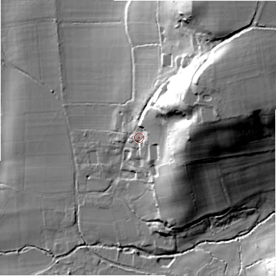 Shaded relief map of the ground around SP62HG, computed from Environment Agency LiDAR. The ground here sits at about 38 m above sea level and falls 45 m across the surrounding 800 m. Surface water reaching this point runs off ground lying to the north-east, 32.9 m higher.