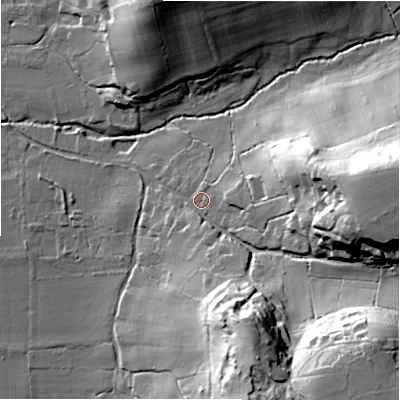 Shaded relief map of the ground around SP62HH, computed from Environment Agency LiDAR. The ground here sits at about 38 m above sea level and falls 40 m across the surrounding 800 m. Surface water reaching this point runs off ground lying to the south-east, 33.6 m higher.