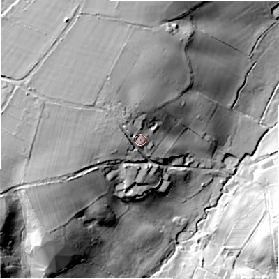 Shaded relief map of the ground around SP62JH, computed from Environment Agency LiDAR. The ground here sits at about 66 m above sea level and falls 38 m across the surrounding 800 m. Surface water reaching this point runs off ground lying to the north-west, 9.5 m higher.
