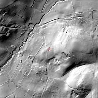 Shaded relief map of the ground around SP62JQ, computed from Environment Agency LiDAR. The ground here sits at about 56 m above sea level and falls 49 m across the surrounding 800 m. Surface water reaching this point runs off ground lying to the east, 27.3 m higher.