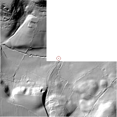 Shaded relief map of the ground around SP62LP, computed from Environment Agency LiDAR. and falls 49 m across the surrounding 800 m. Surface water reaching this point runs off ground lying to the south-east, 43.2 m higher.