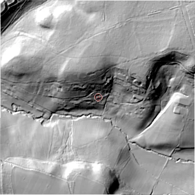 Shaded relief map of the ground around SP62LR, computed from Environment Agency LiDAR. The ground here sits at about 50 m above sea level and falls 51 m across the surrounding 800 m. Surface water reaching this point runs off ground lying to the north, 27.0 m higher.
