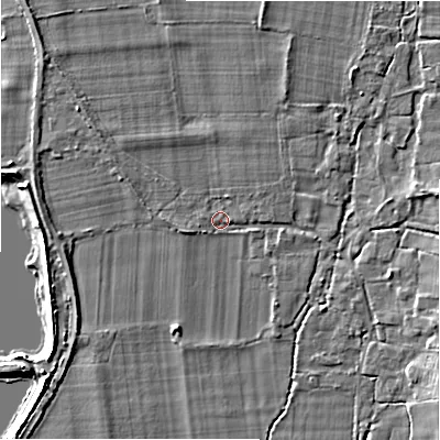 Shaded relief map of the ground around SP62PG, computed from Environment Agency LiDAR. The ground here sits at about 27 m above sea level and falls 7 m across the surrounding 800 m. Surface water reaching this point runs off ground lying to the west-south-west, 1.4 m higher.