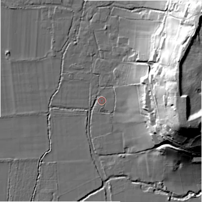 Shaded relief map of the ground around SP62PJ, computed from Environment Agency LiDAR. The ground here sits at about 28 m above sea level and falls 44 m across the surrounding 800 m. Surface water reaching this point runs off ground lying to the east-north-east, 41.0 m higher.
