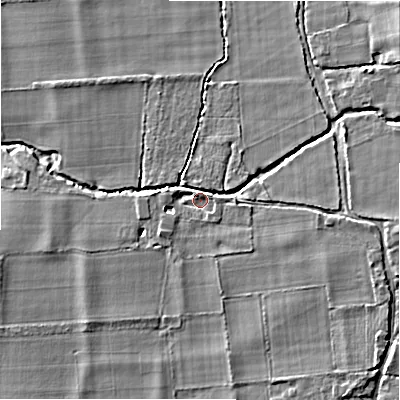 Shaded relief map of the ground around SP62PN, computed from Environment Agency LiDAR. The ground here sits at about 27 m above sea level and falls 9 m across the surrounding 800 m. Surface water reaching this point runs off ground lying to the east, 4.1 m higher.