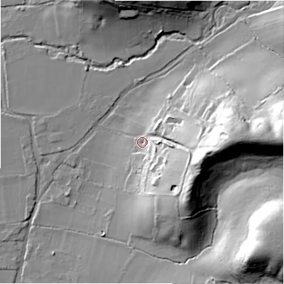 Shaded relief map of the ground around SP62PP, computed from Environment Agency LiDAR. The ground here sits at about 33 m above sea level and falls 42 m across the surrounding 800 m. Surface water reaching this point runs off ground lying to the east-south-east, 30.8 m higher.