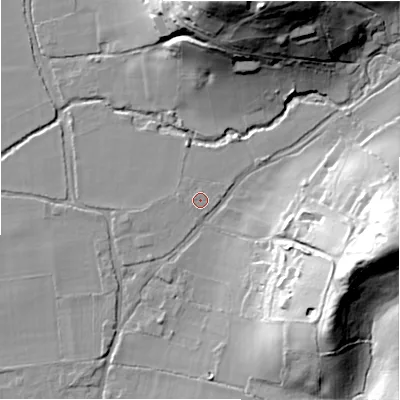 Shaded relief map of the ground around SP62PR, computed from Environment Agency LiDAR. The ground here sits at about 30 m above sea level and falls 40 m across the surrounding 800 m. Surface water reaching this point runs off ground lying to the north-east, 0.8 m higher.