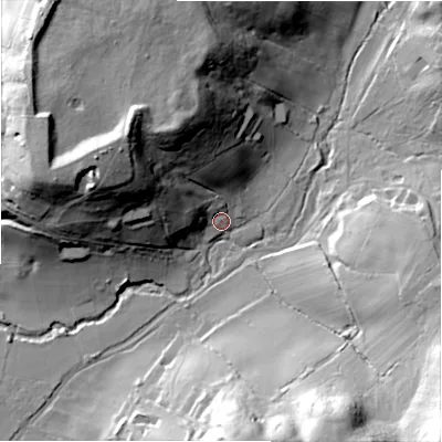 Shaded relief map of the ground around SP62PS, computed from Environment Agency LiDAR. The ground here sits at about 34 m above sea level and falls 45 m across the surrounding 800 m. Surface water reaching this point runs off ground lying to the west-north-west, 35.8 m higher.