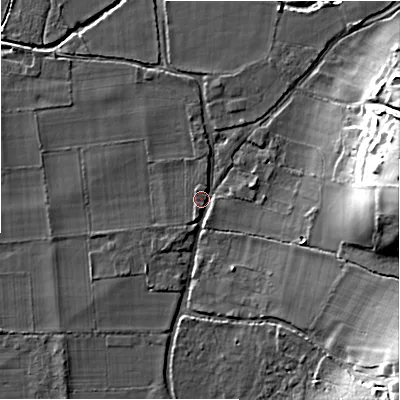 Shaded relief map of the ground around SP62PW, computed from Environment Agency LiDAR. The ground here sits at about 28 m above sea level and falls 26 m across the surrounding 800 m. Surface water reaching this point runs off ground lying to the east-north-east, 22.3 m higher.