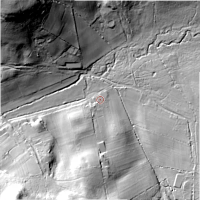 Shaded relief map of the ground around SP62PZ, computed from Environment Agency LiDAR. The ground here sits at about 43 m above sea level and falls 43 m across the surrounding 800 m. Surface water reaching this point runs off ground lying to the south, 20.7 m higher.