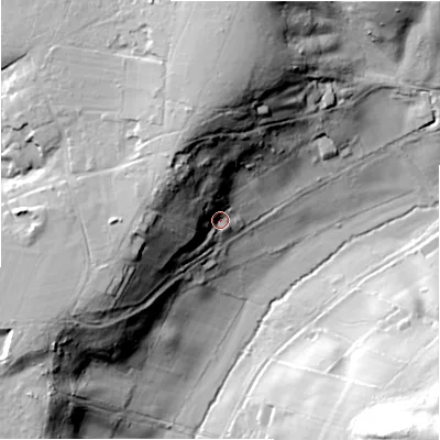 Shaded relief map of the ground around SP62QA, computed from Environment Agency LiDAR. The ground here sits at about 49 m above sea level and falls 45 m across the surrounding 800 m. Surface water reaching this point runs off ground lying to the north-west, 27.3 m higher.