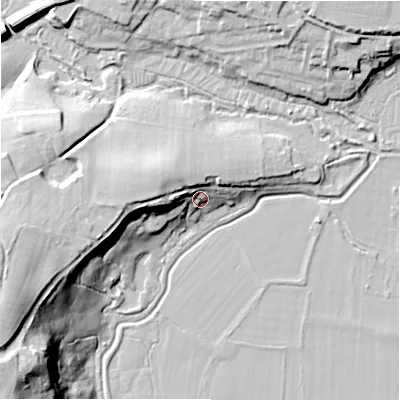 Shaded relief map of the ground around SP63BP, computed from Environment Agency LiDAR. The ground here sits at about 31 m above sea level and falls 31 m across the surrounding 800 m. Surface water reaching this point runs off ground lying to the west, 15.3 m higher.
