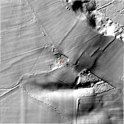 Shaded relief map of the ground around SP63DB, computed from Environment Agency LiDAR. The ground here sits at about 46 m above sea level and falls 29 m across the surrounding 800 m. Surface water reaching this point runs off ground lying to the north-west, 5.6 m higher.