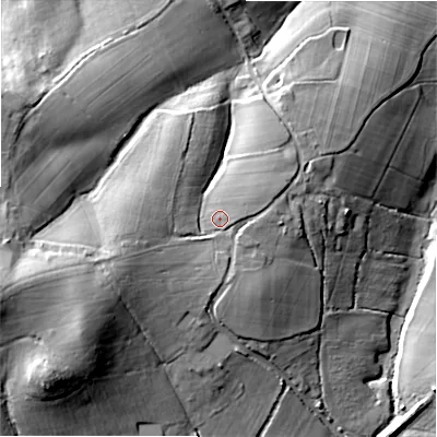 Shaded relief map of the ground around SP63EG, computed from Environment Agency LiDAR. The ground here sits at about 52 m above sea level and falls 29 m across the surrounding 800 m. Surface water reaching this point runs off ground lying to the west-south-west, 8.7 m higher.