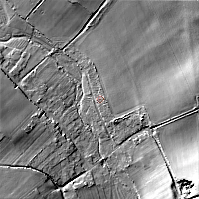 Shaded relief map of the ground around SP63HB, computed from Environment Agency LiDAR. The ground here sits at about 43 m above sea level and falls 32 m across the surrounding 800 m. Surface water reaching this point runs off ground lying to the north-east, 29.0 m higher.