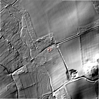 Shaded relief map of the ground around SP63HQ, computed from Environment Agency LiDAR. The ground here sits at about 43 m above sea level and falls 29 m across the surrounding 800 m. Surface water reaching this point runs off ground lying to the east-south-east, 26.2 m higher.