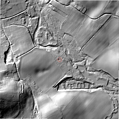 Shaded relief map of the ground around SP63HR, computed from Environment Agency LiDAR. The ground here sits at about 40 m above sea level and falls 34 m across the surrounding 800 m. Surface water reaching this point runs off ground lying to the west, 7.2 m higher.
