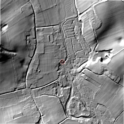 Shaded relief map of the ground around SP63HU, computed from Environment Agency LiDAR. The ground here sits at about 39 m above sea level and falls 29 m across the surrounding 800 m. Surface water reaching this point runs off ground lying to the north-west, 7.8 m higher.