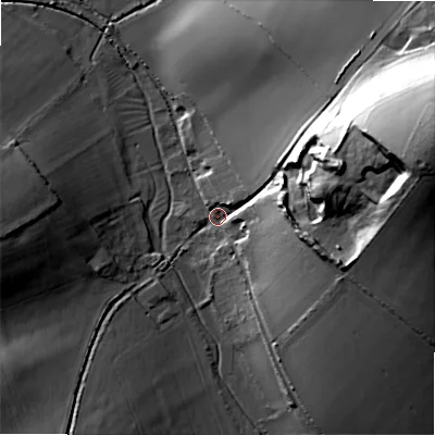 Shaded relief map of the ground around SP63JR, computed from Environment Agency LiDAR. The ground here sits at about 59 m above sea level and falls 61 m across the surrounding 800 m. Surface water reaching this point runs off ground lying to the east-north-east, 57.9 m higher.