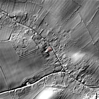 Shaded relief map of the ground around SP63LA, computed from Environment Agency LiDAR. The ground here sits at about 64 m above sea level and falls 17 m across the surrounding 800 m. Surface water reaching this point runs off ground lying to the west, 7.7 m higher.