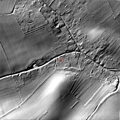 Shaded relief map of the ground around SP63LB, computed from Environment Agency LiDAR. The ground here sits at about 63 m above sea level and falls 20 m across the surrounding 800 m. Surface water reaching this point runs off ground lying to the south-west, 17.5 m higher.