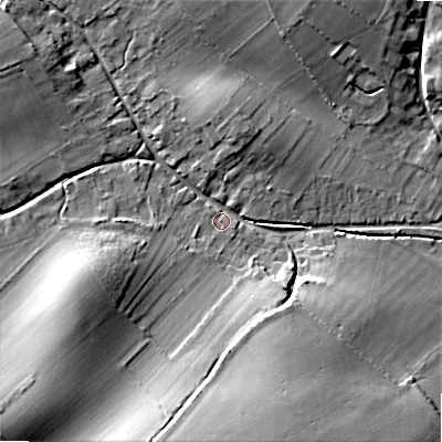 Shaded relief map of the ground around SP63LD, computed from Environment Agency LiDAR. The ground here sits at about 61 m above sea level and falls 20 m across the surrounding 800 m. Surface water reaching this point runs off ground lying to the south-west, 17.7 m higher.